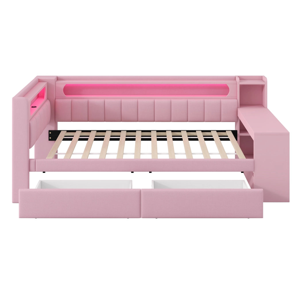 Lettino con scrivania 90x200; porte USB; striscia LED; 2 cassetti; rosa