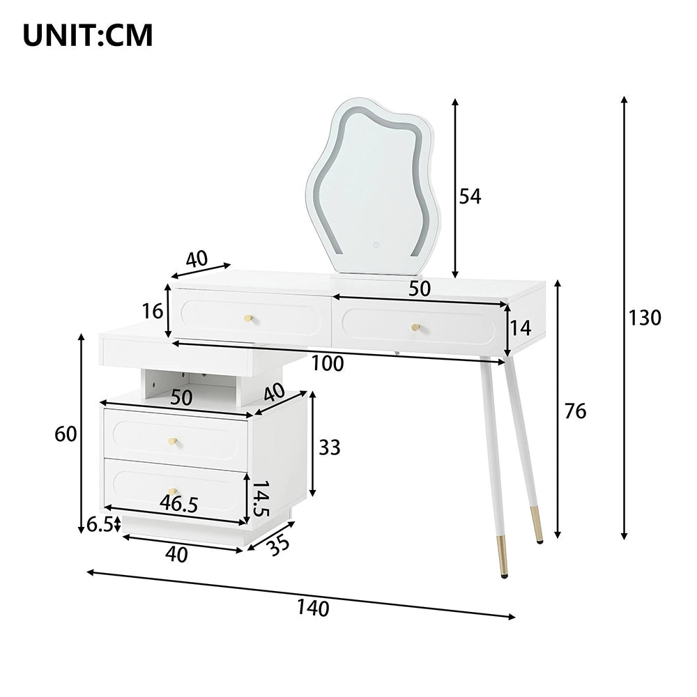 Tavolo trucco LED-Xylo-140x40x130cm, 4 cassetti, vano aperto, bianco