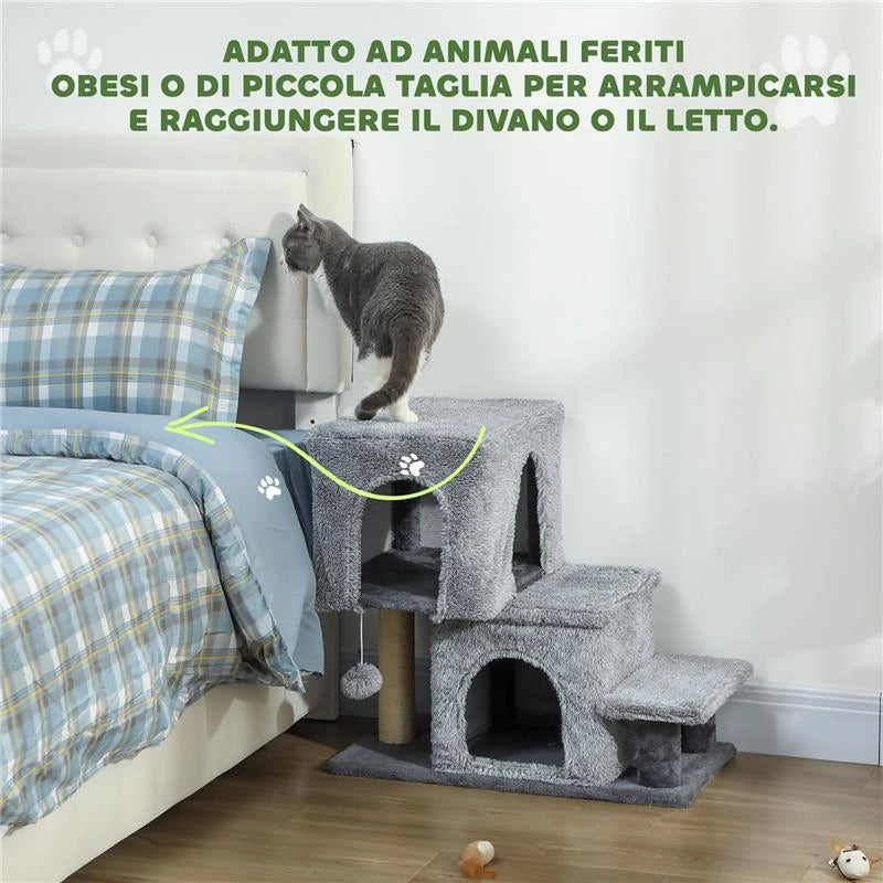 SCALETTA PER GATTI A 4 GRADINI REGOLABILE IN ALTEZZA CON 2 CASETTE, PALO TIRAGRAFFI E PALLINA, GRIGIO