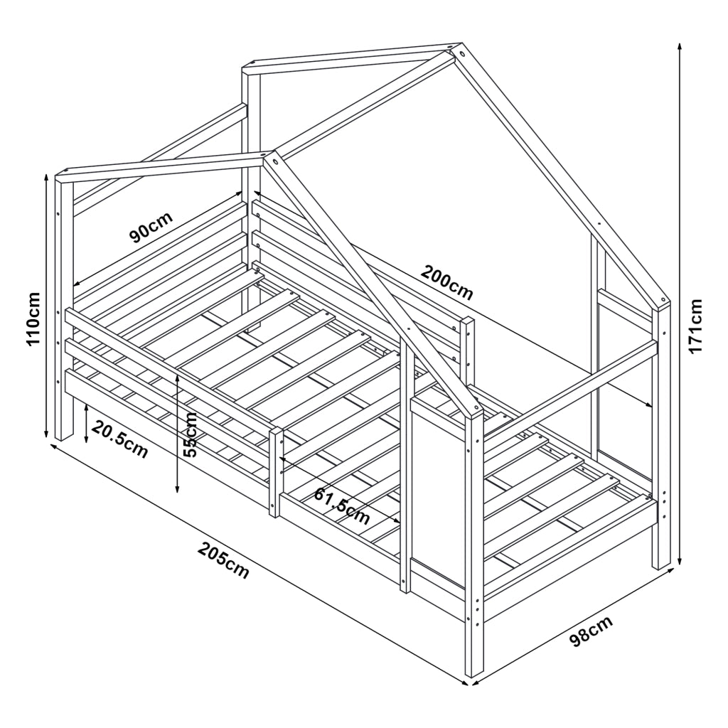 Letto a Casetta Lorenskog per Cameretta 90 x 200 cm in Legno di Pino con Barriera Anticaduta - Bianco [en.casa]