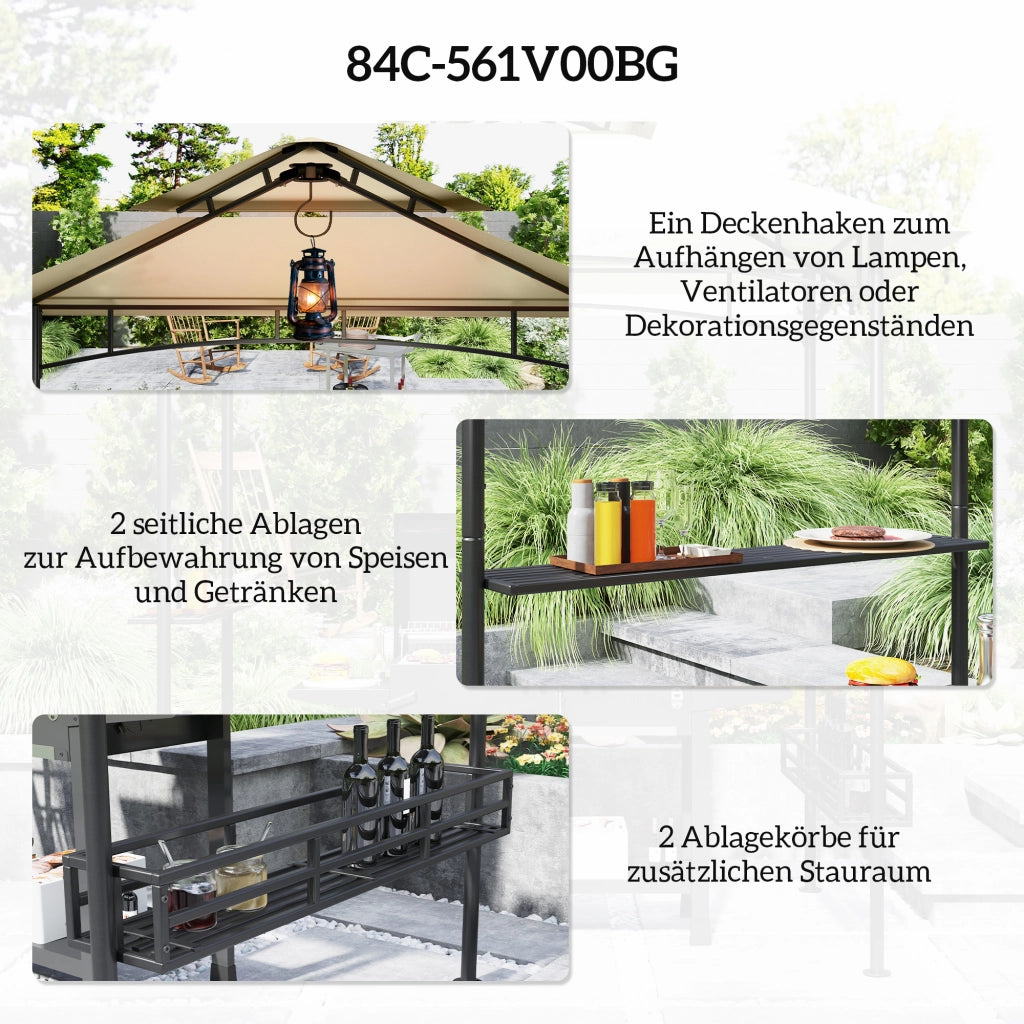Gazebo Per Barbecue Impermeabile 240 X 150 X 257 Cm Acciaio Beige Con Doppio Tetto E Ripiani Laterali