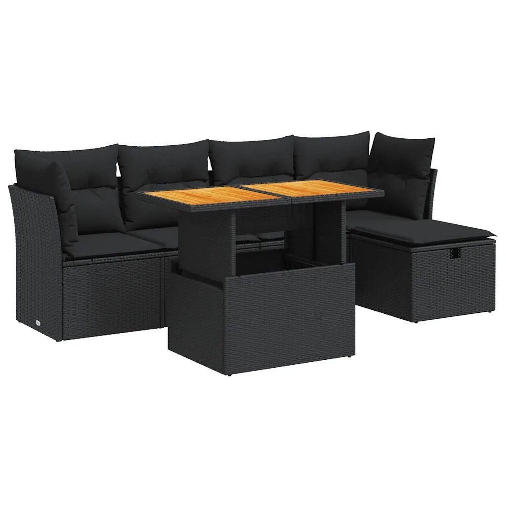 Set Divano da Giardino 6 pz con Cuscini Nero Polyrattan Acacia 3327965
