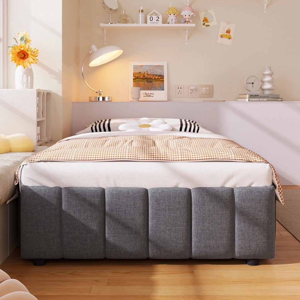 DESMIU Letto Singolo 90 × 200 cm con contenitore idraulico, senza materasso, in lino, grigio