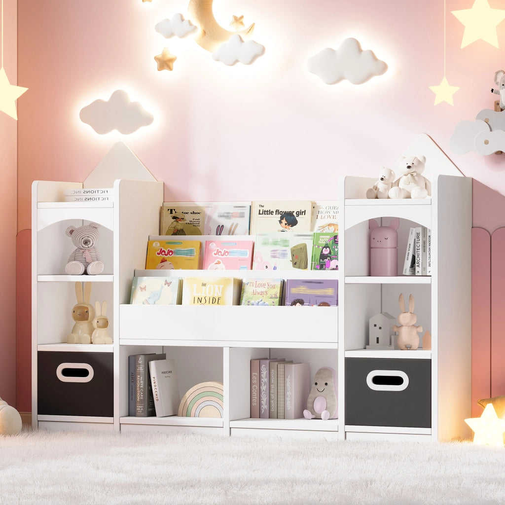 Libreria per bambini con 2 scatole pieghevoli, design a castello, bianco, MDF