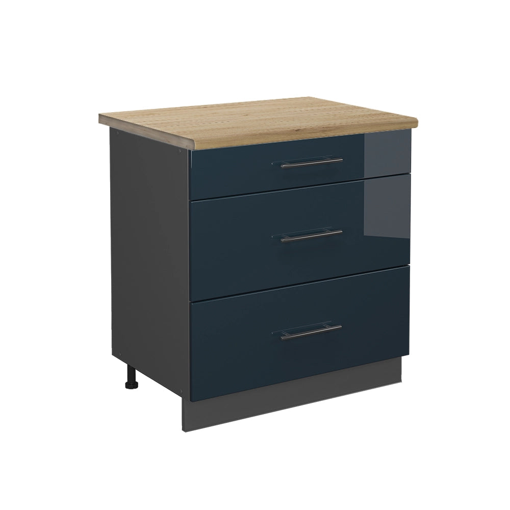 Mobiletto base per cucina Fame-Line Blu scuro lucido/Antracite 80 cm con 3 cassetti, PL Rovere Vicco
