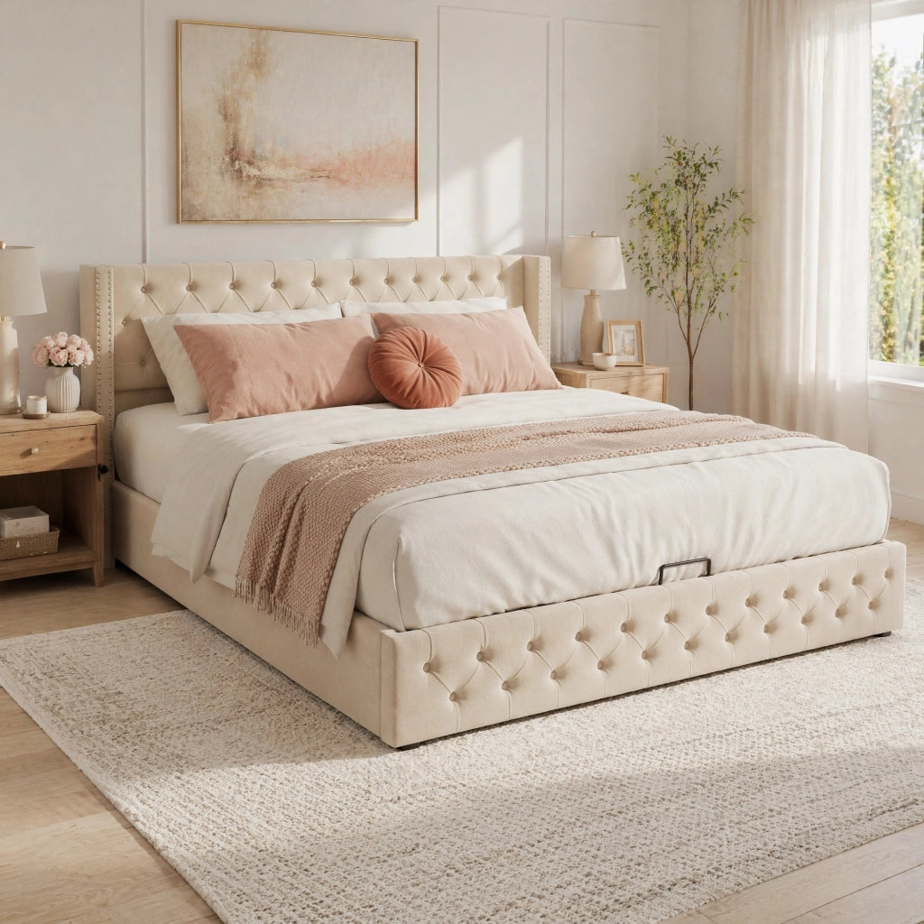 LETTO Imbottito Contenitore 160x200 cm Velluto Beige