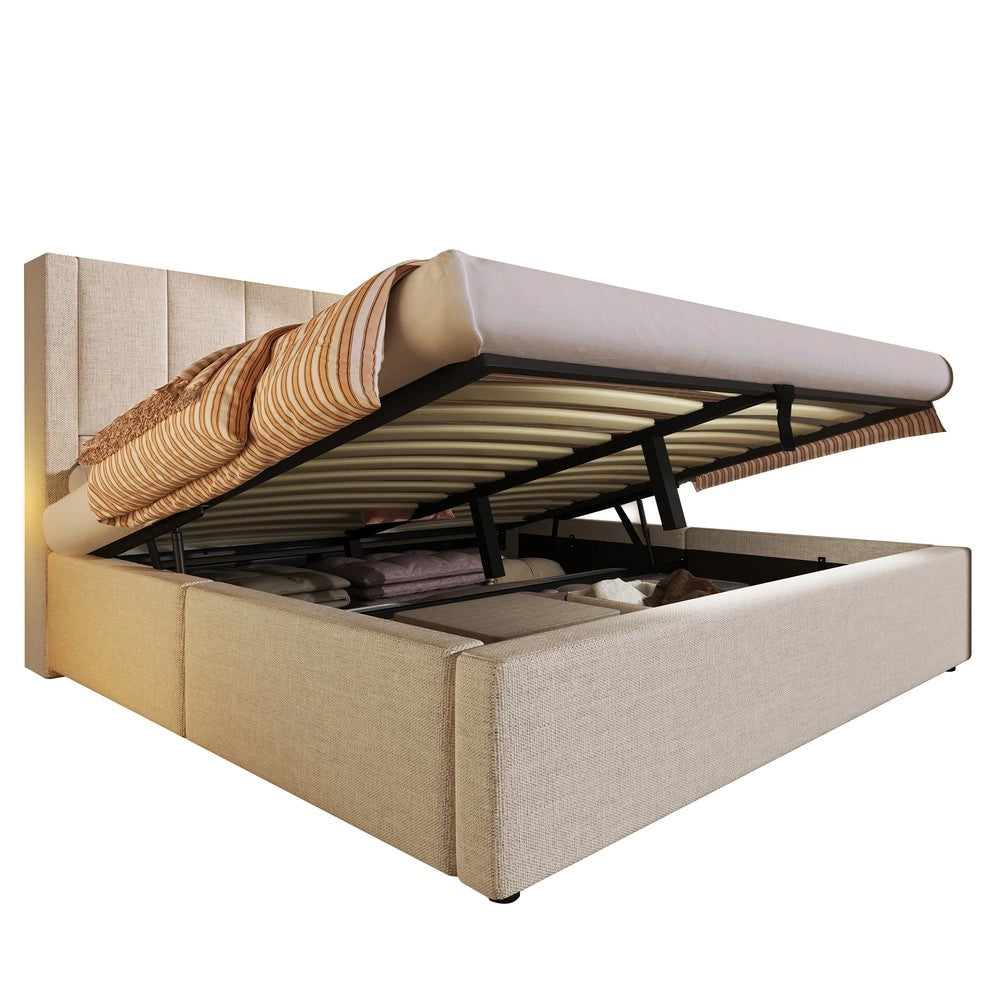 Letto Contenitore Imbottito 140x200 ¨C MINIMAL ¨C Idraulico, con Rete, Beige