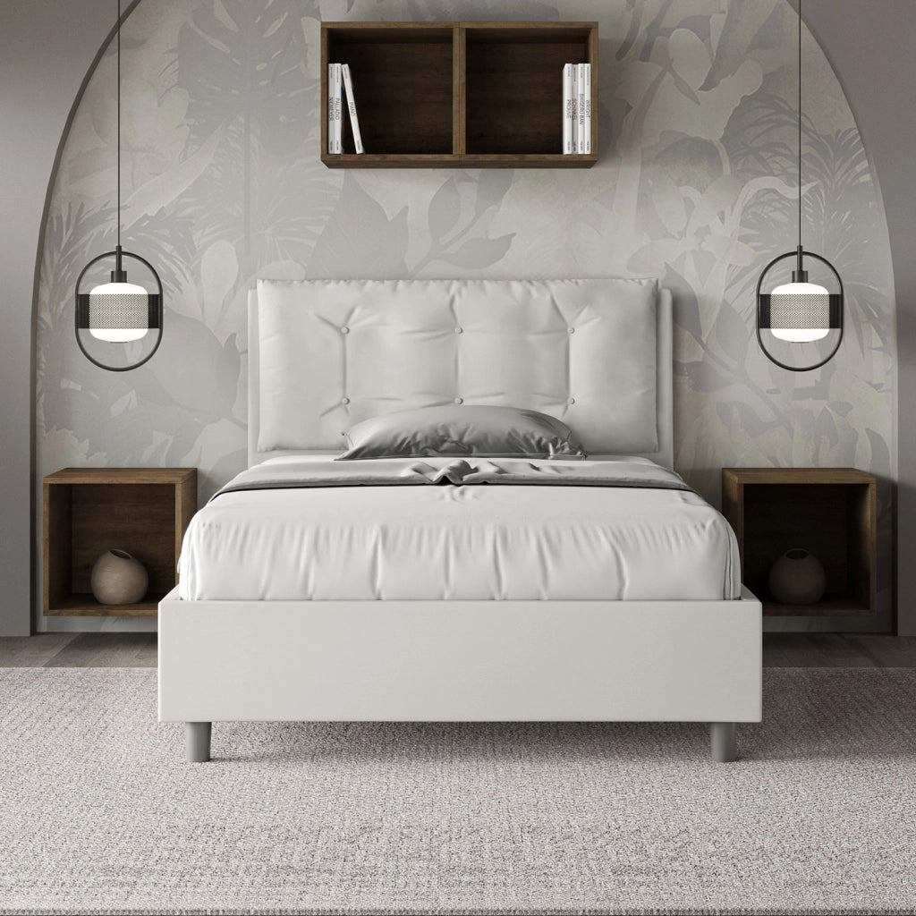 BS COM Letto una piazza e mezza con rete imbottito 120x210 similpelle bianco