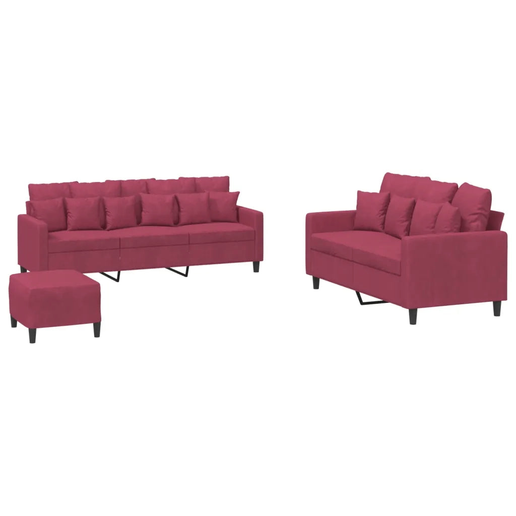 Set di Divani 3 pz con Cuscini Rosso Vino in Velluto