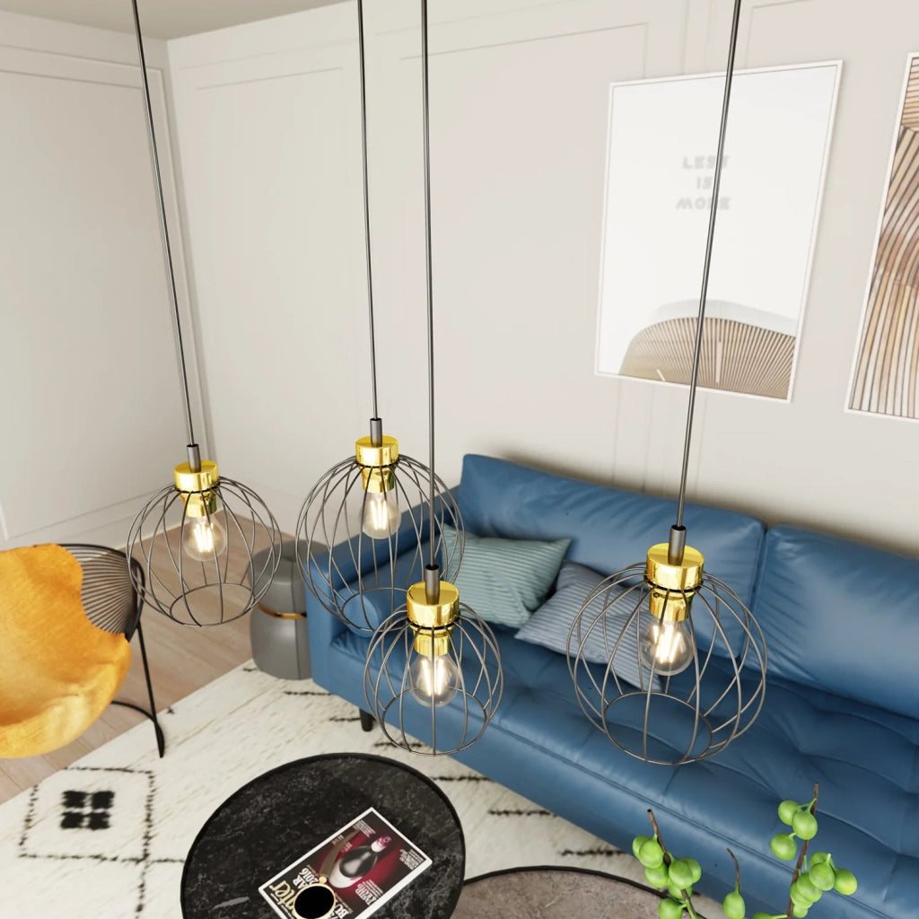 Sospensione Minimal Industrial Hathor 4 Luci Lineari Nera E Oro
