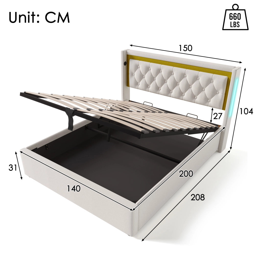 Letto matrimoniale con LED, contenitore e porte USB Type-C