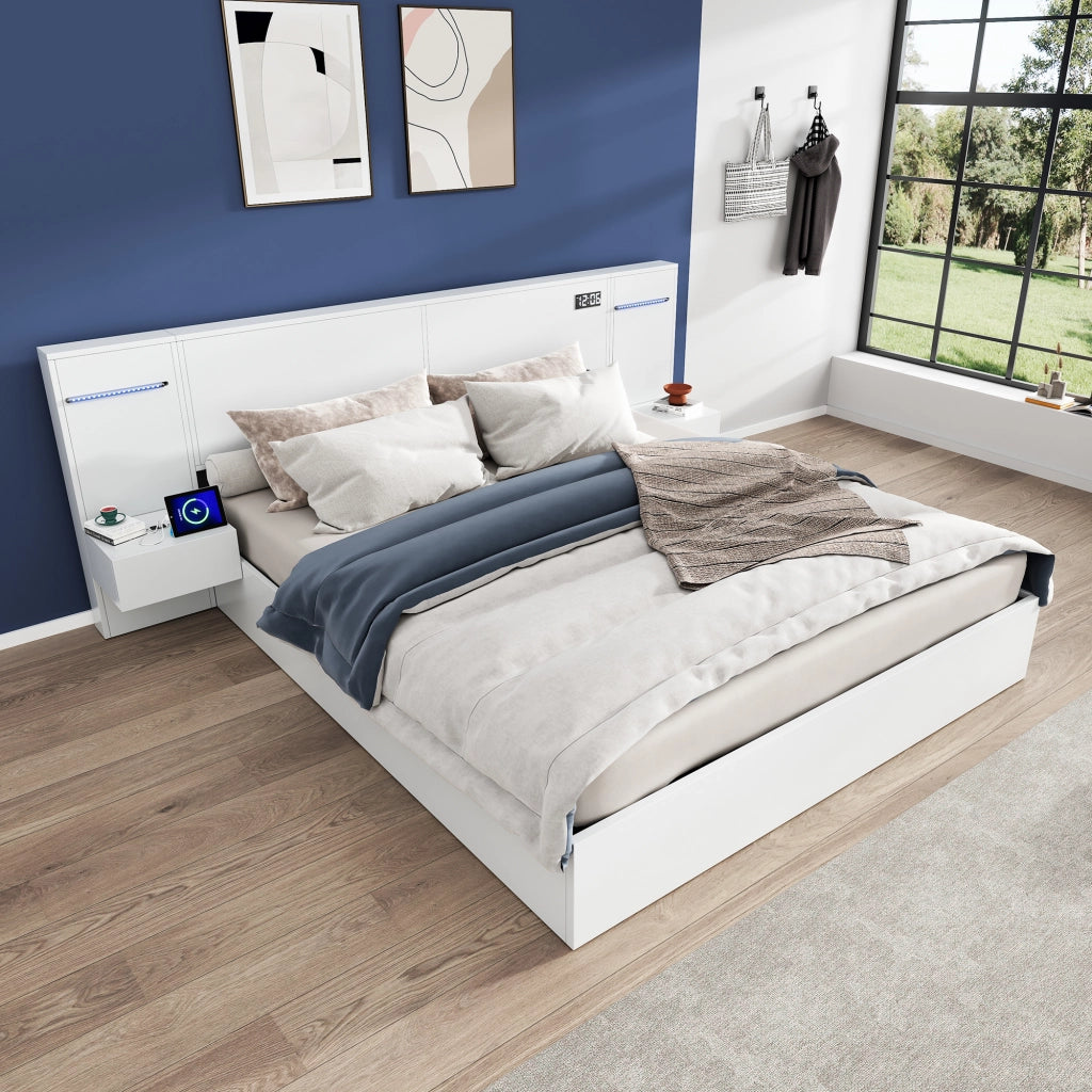 Letto matrimoniale 180x200 cm in MDF bianco con USB, Bluetooth, orologio digitale e luci LED