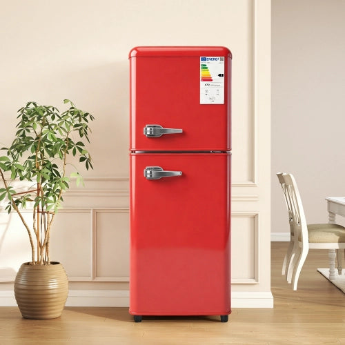 Frigorifero a doppia porta (112L) – controllo della temperatura a 7 livelli; classe di efficienza energetica E; luce LED; ripiani regolabili e portauova – Rosso