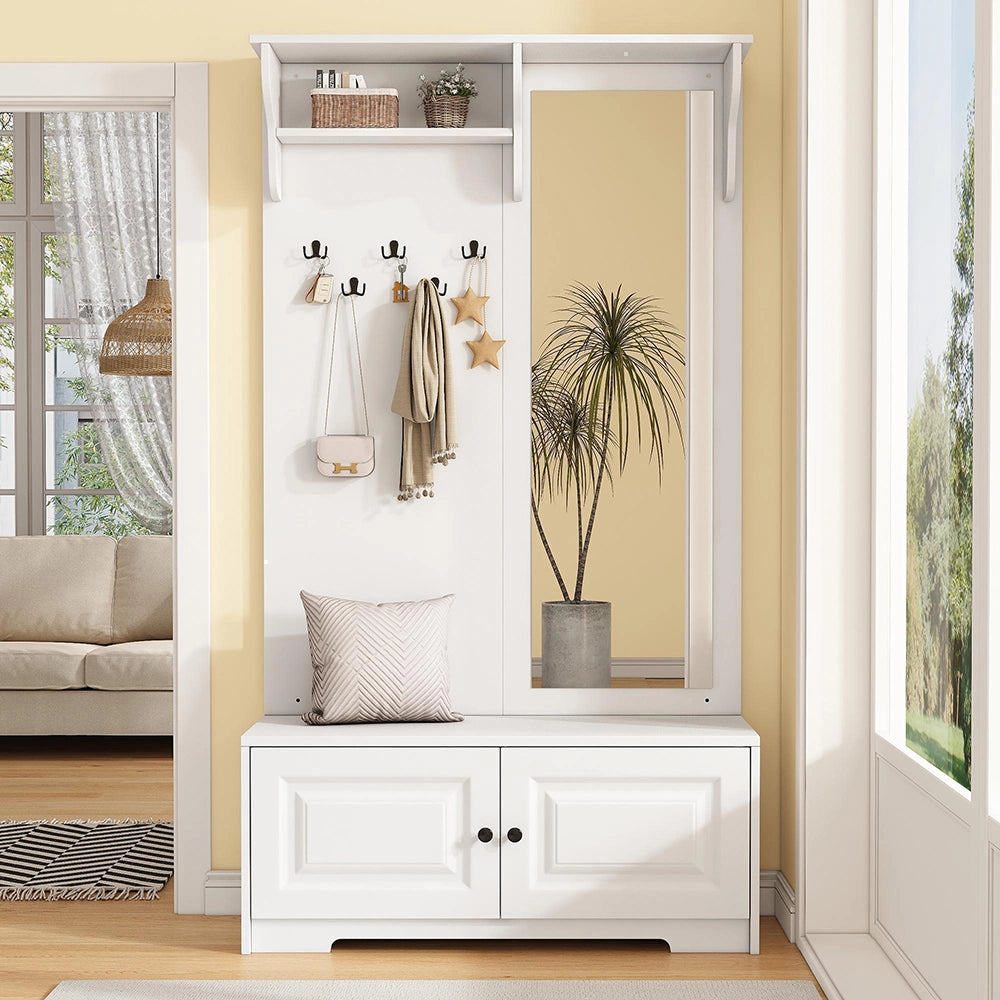 Appendiabiti con specchio 100x40x180 cm - Xylo - 5 ganci, 2 ante, ripiano scarpe, bianco