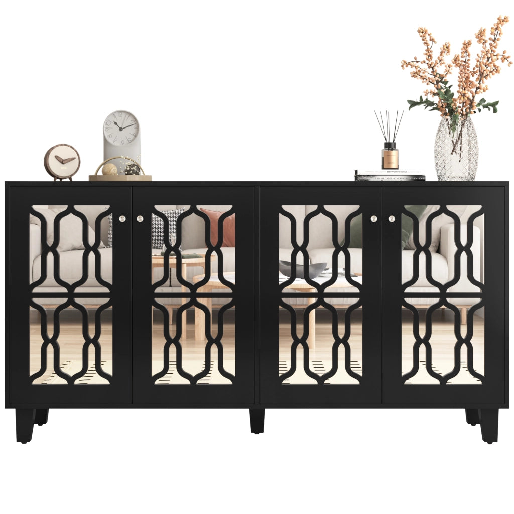 Credenza a 4 Ante con Specchio ¨C MINIMAL ¨C Nero, 160x40x84 cm