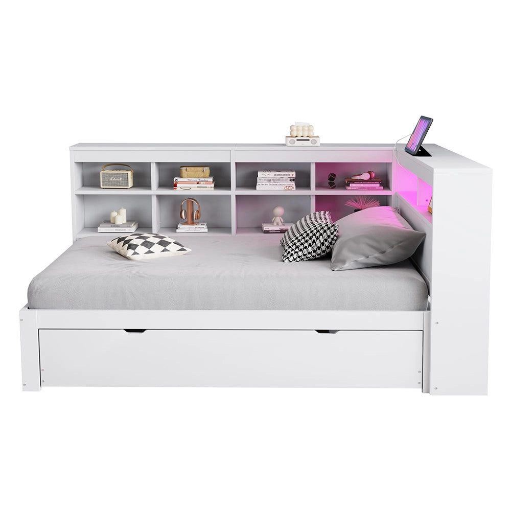 Divano in legno 90x200cm - Xylo - bianco, LED USB, scomparti, spazio