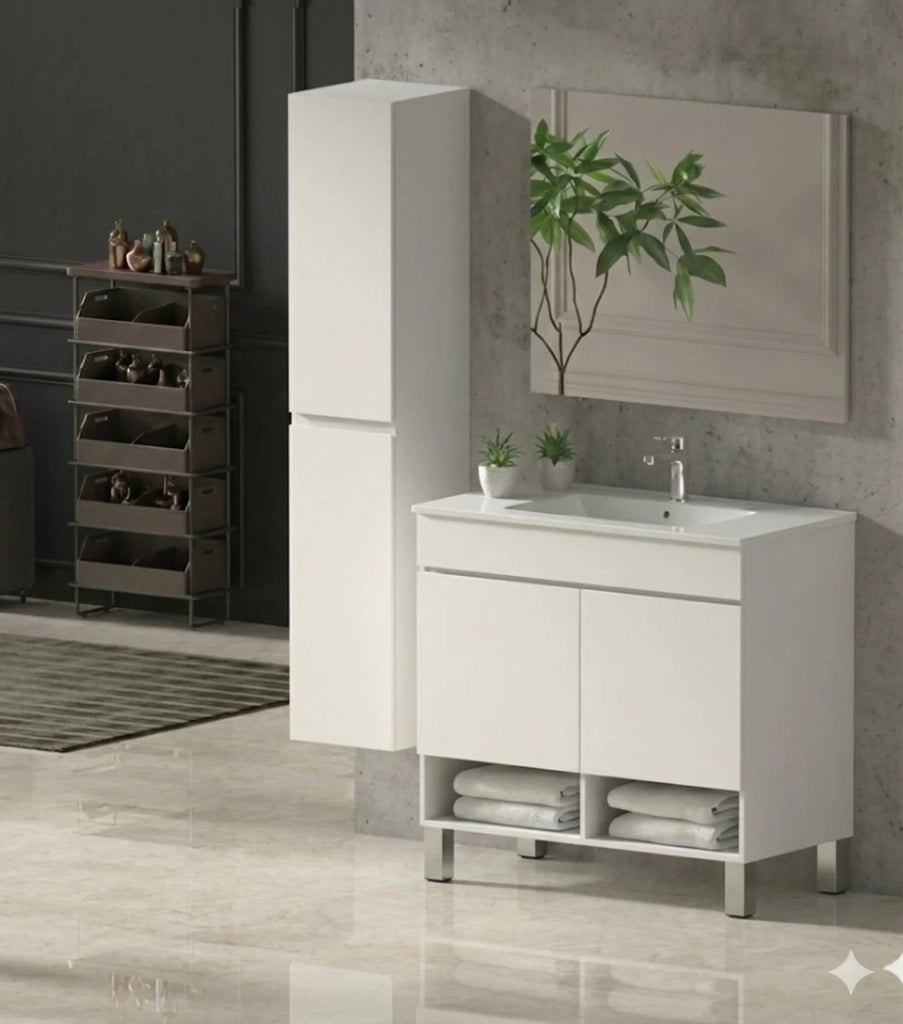 Mobile Bagno NEBARI com gambe Già Montato 2 portas, lavabo e specchio Bianco lucido 60x45 cm con colonna