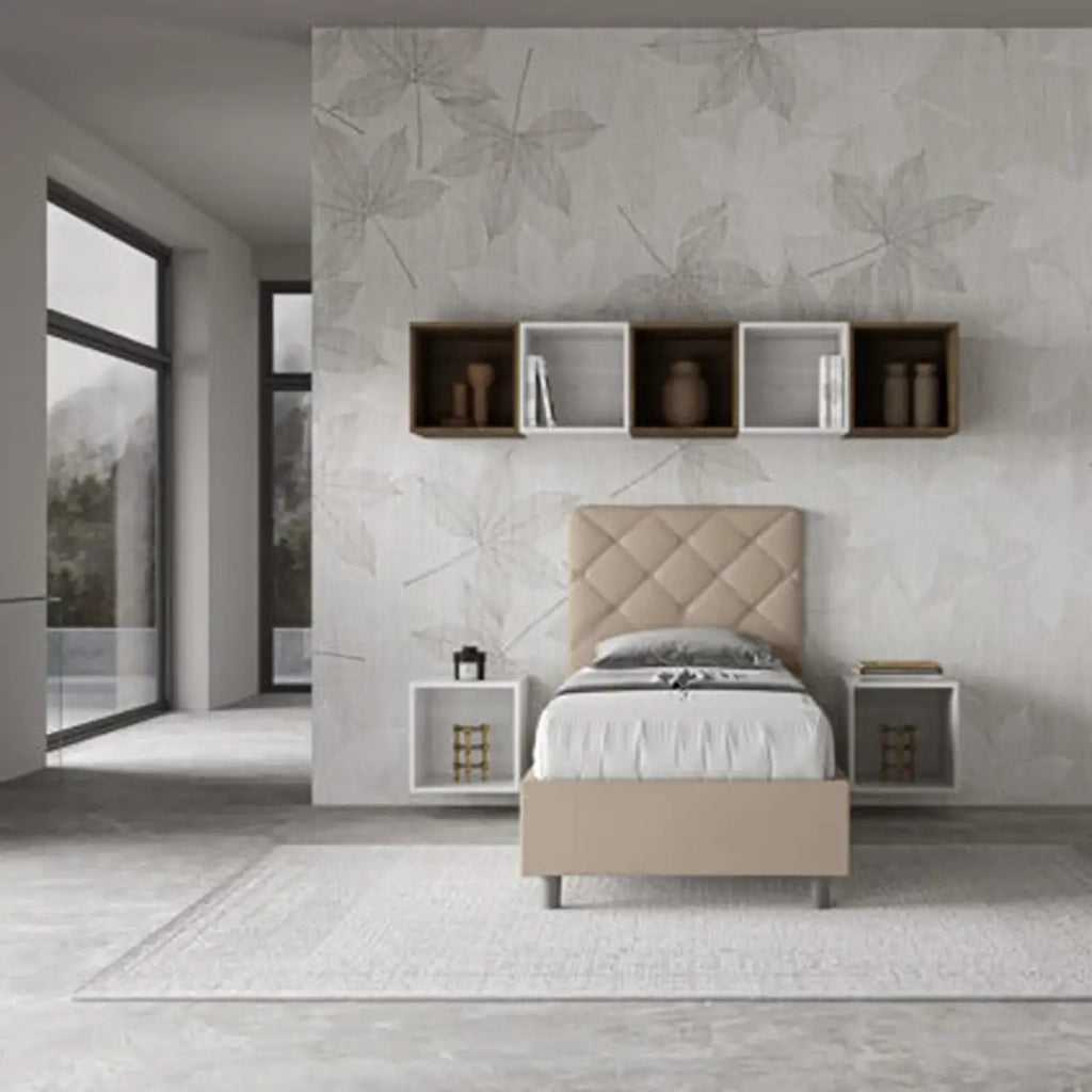 Letto singolo con rete imbottito 90x210 similpelle tortora Priya