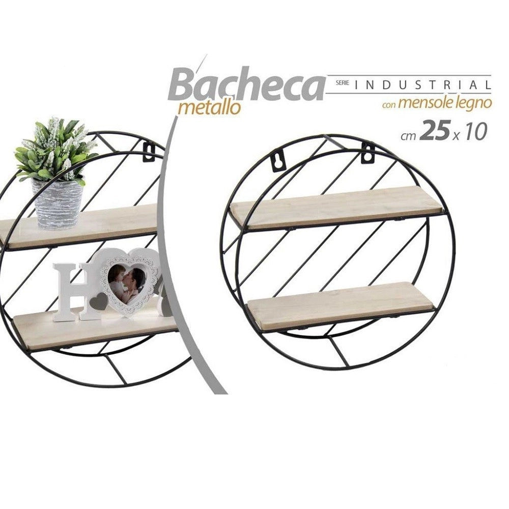 Trade Shop - Bacheca In Metallo Rotonda Da Parete Con Mensole In Legno 25 X 10 Cm Nero 832161 -