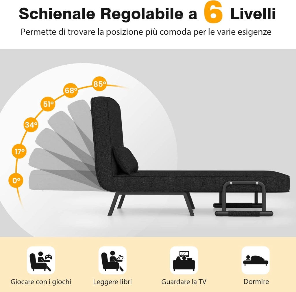 4 in 1 Poltrona Letto Singolo, Poltroncina Pieghevole con Schienale Regolabile in 6 Posizioni, Sedile Imbottito Robusto, Divano Letto per Casa Ufficio, 79x65x79 cm (Nero)