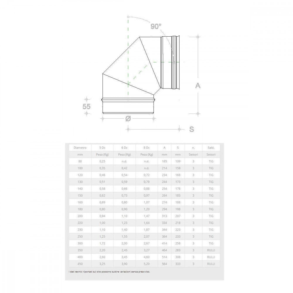 Gomito curva acciaio inox 160mm 5 decimi aisi 304, scegli se  90 gradi