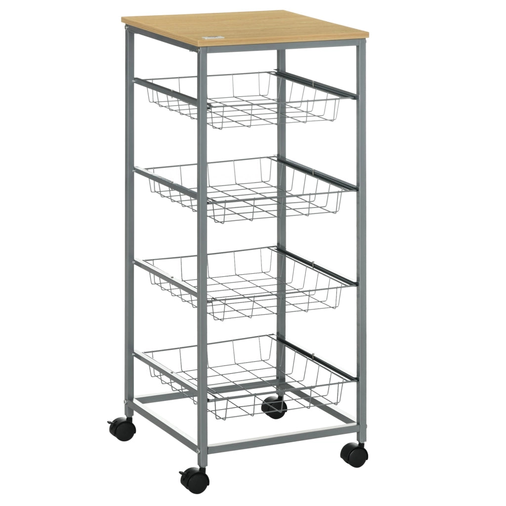 EasyComfort Carrello da Cucina Salvaspazio con 4 Cesti Estraibili in Legno e Acciaio, 36.5x36.5x89 cm, Argento e color Legno