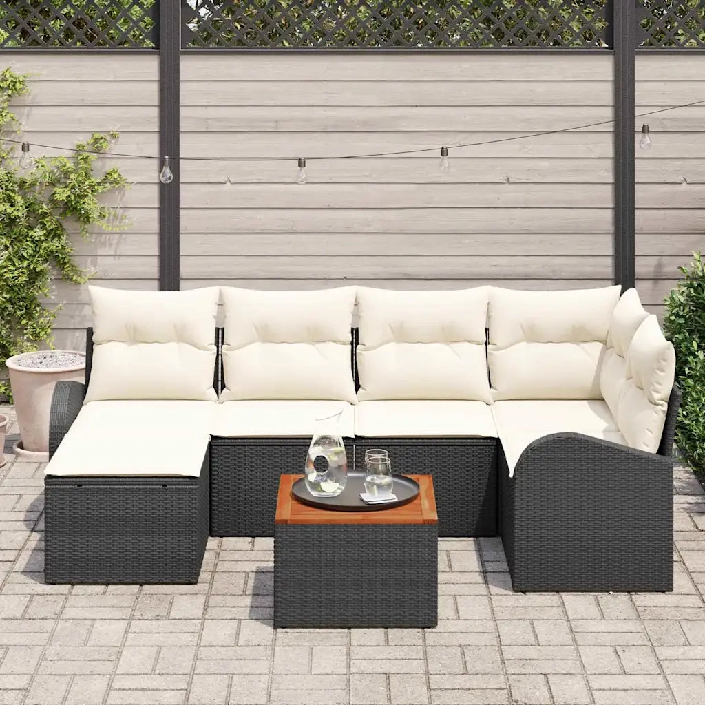 Set Divano da Giardino 7 pcs Nero e Crema polyrattan