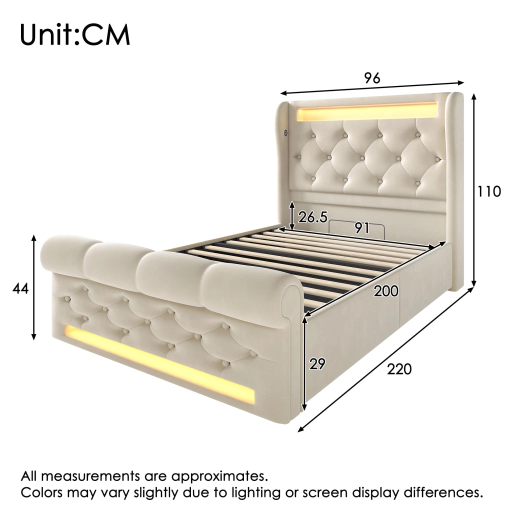 LETTO contenitore 90x200 cm in velluto beige con LED, USB e Type-C con materasso