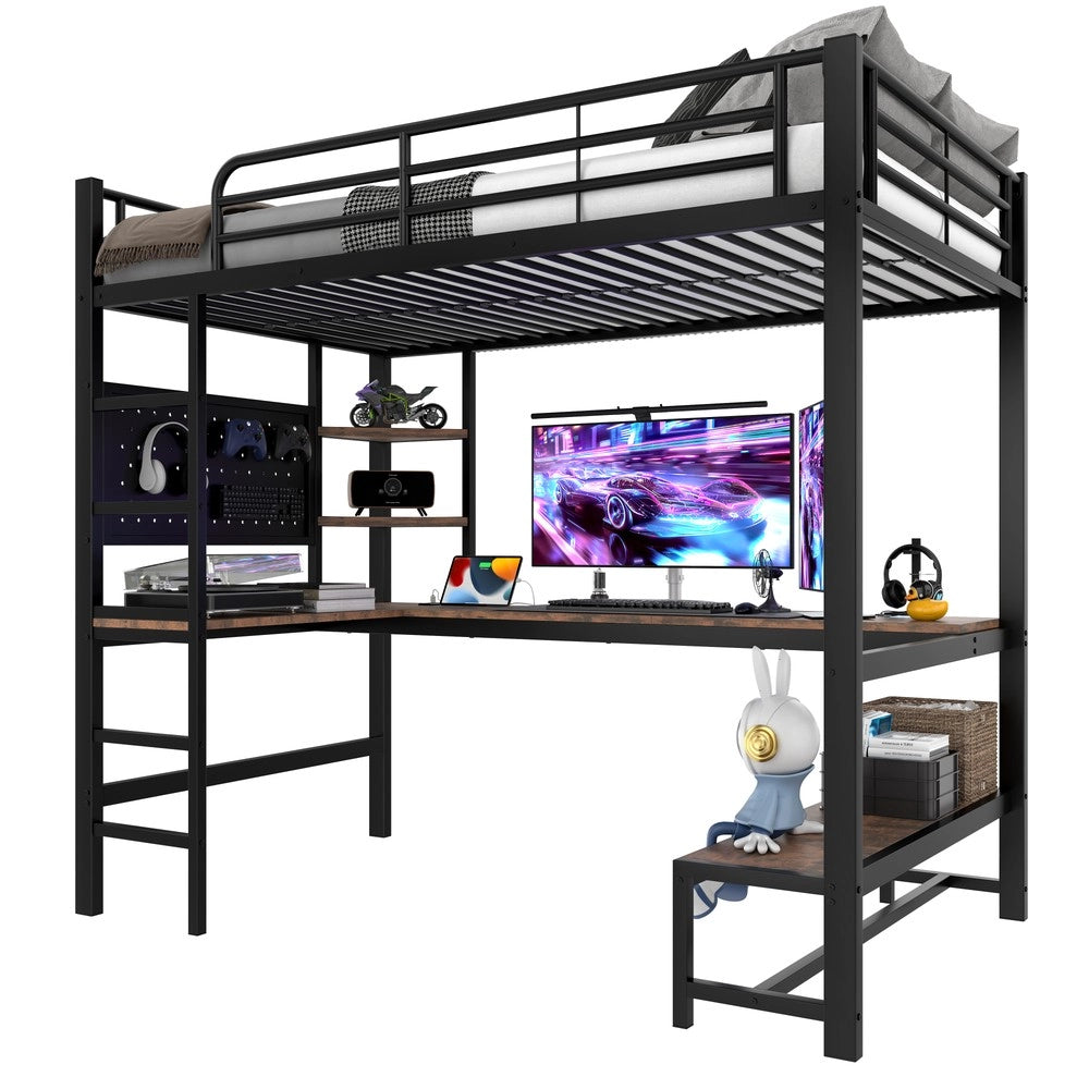 Letto a Soppalco con Scrivania e LED ¨C MINIMAL ¨C Nero, 90x200, con USB e Rete a Doghe