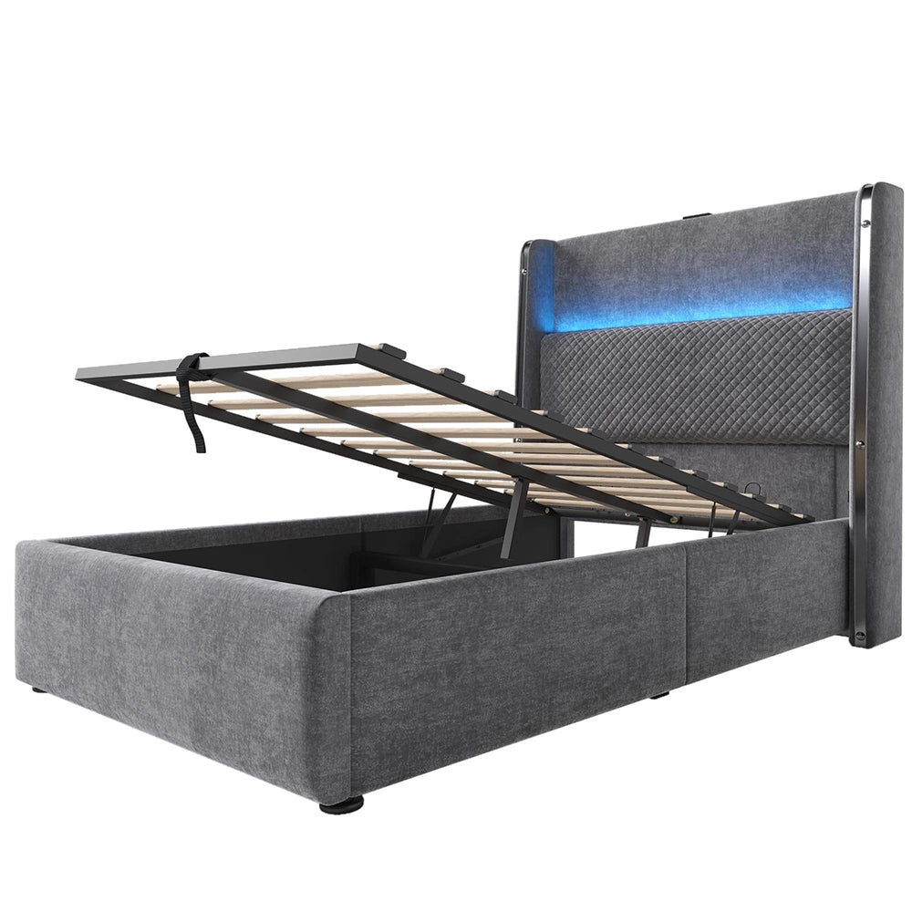 Letto 90x200cm?- Xylo - idraulico LED USB lino grigio