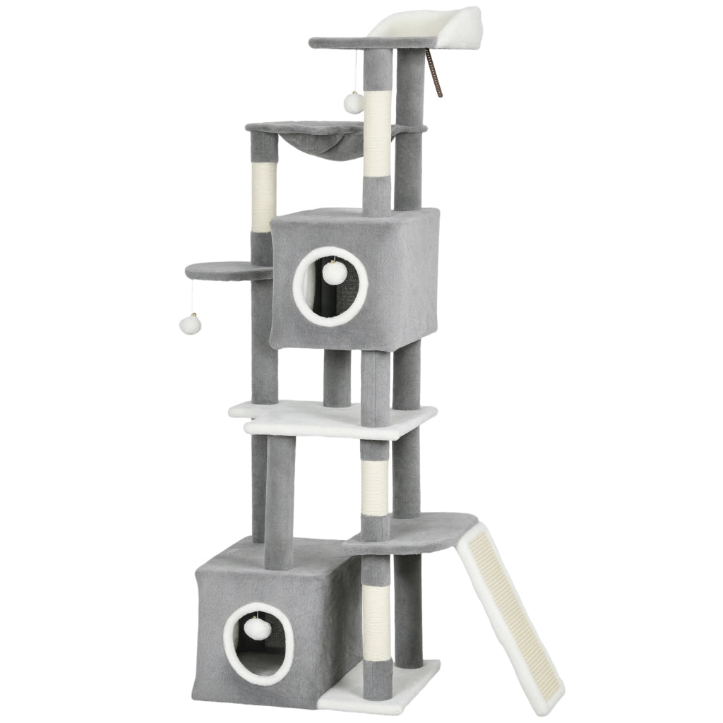 Arbre ¨¤ chat con 2 nicchie, piattaforme, amaca, scala e 4 pompon ¨C zephmum ¨C 165 cm grigio