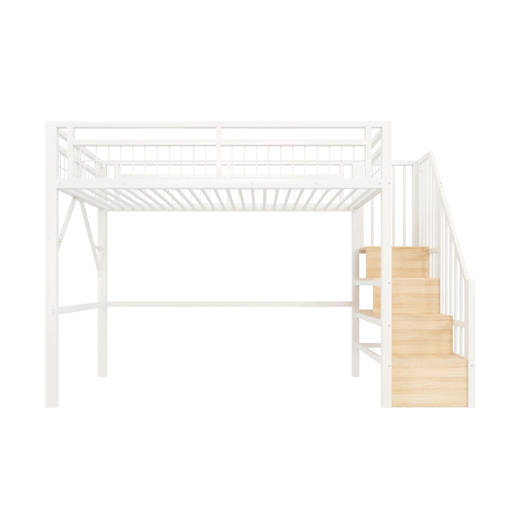 Letto a soppalco 90x200 cm con LED; scala contenitore; metallo e MDF; bianco