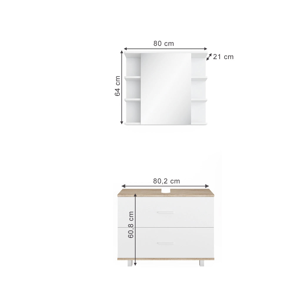 Vicco Set mobili bagno Bianco/Sonoma 2 parti, mobile base 80 cm