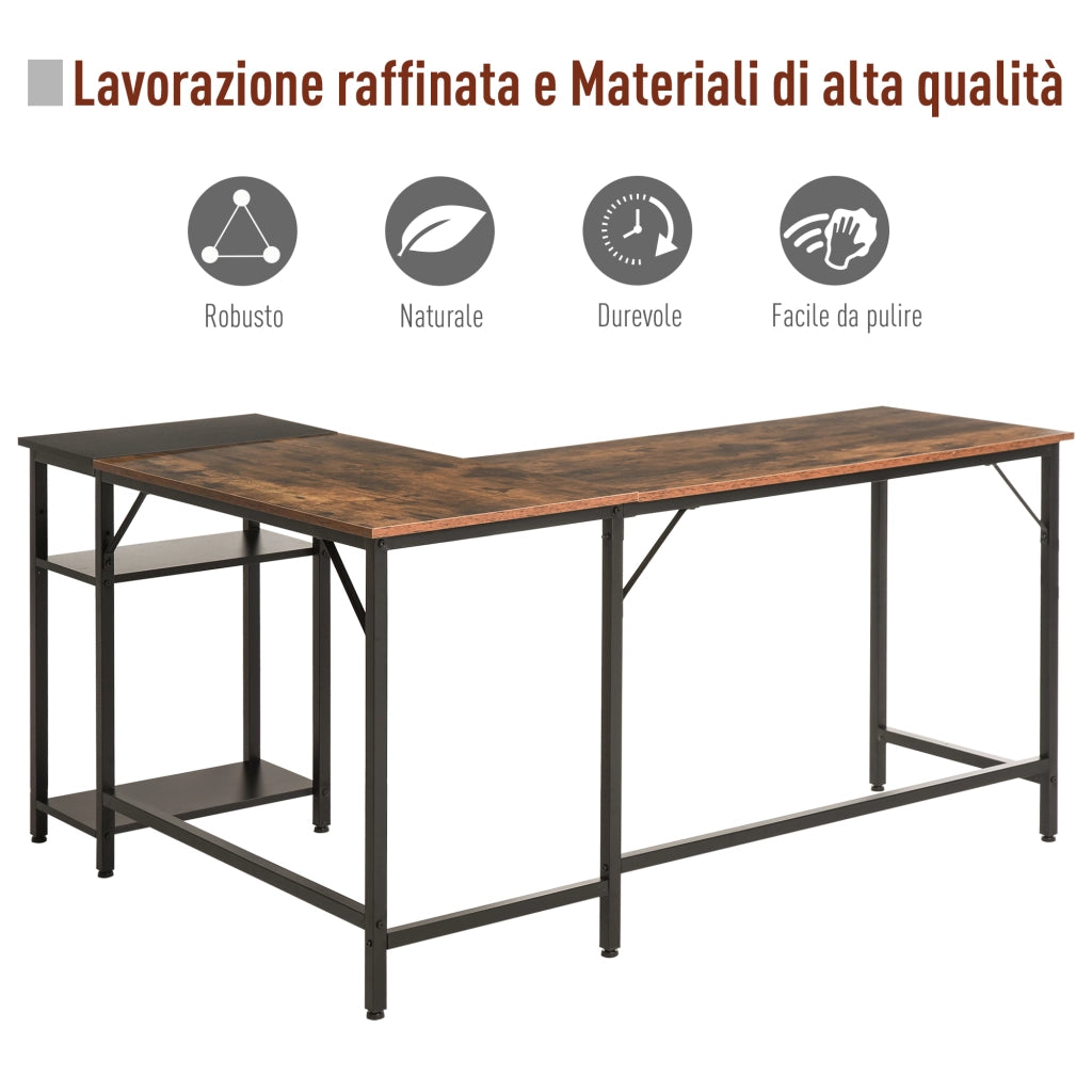 Scrivania Angolare Industriale con Ripiano Laterale ¨C Minimal ¨C Legno e Metallo Nero 150x120x75cm