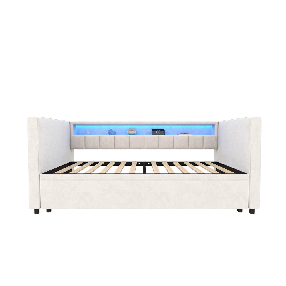 Divano Letto Contenitore 90x190 ¨C MINIMAL ¨C Velluto Beige, LED, USB