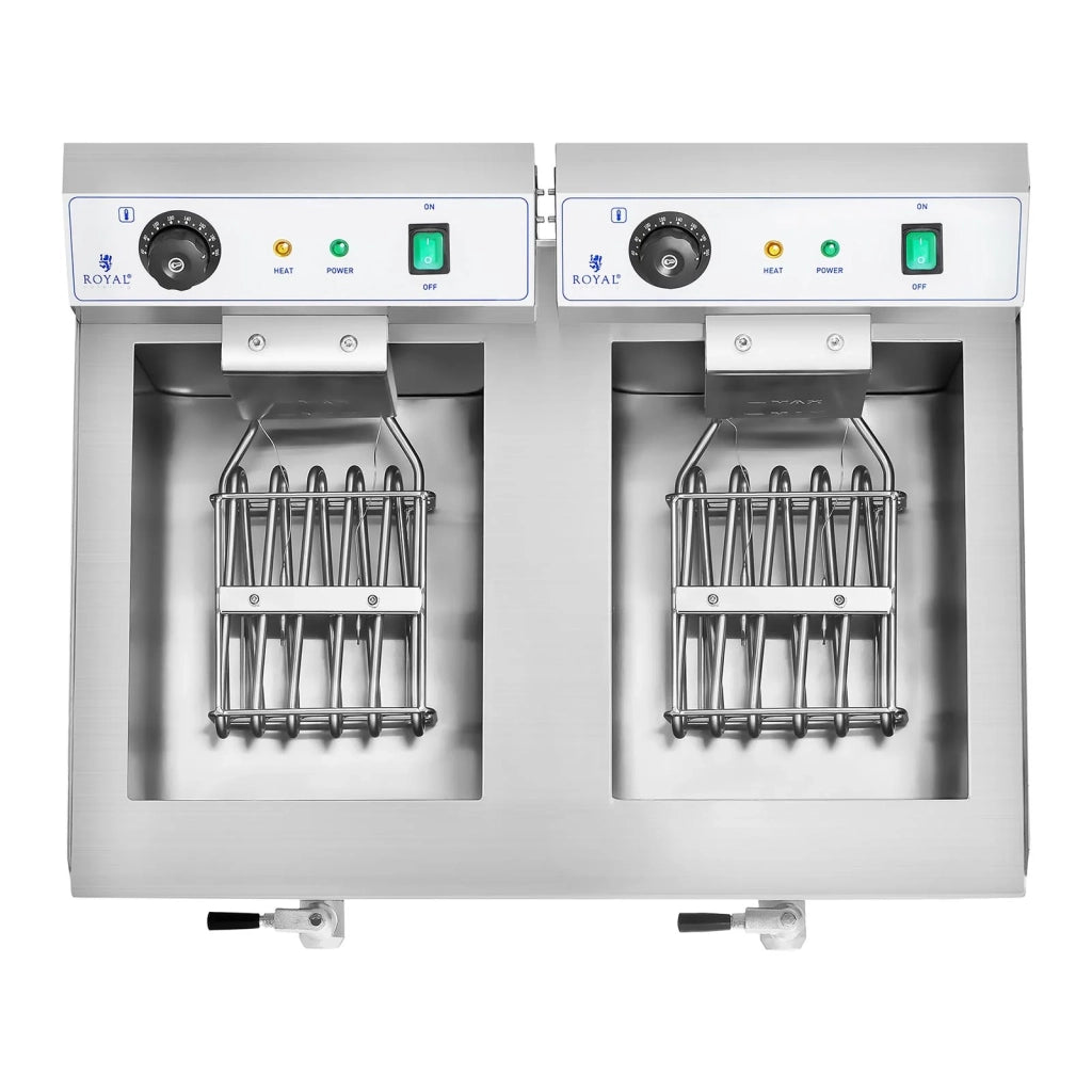 Friggitrice elettrica professionale doppia per ristoranti 2 x 3.200 watt 2 x 16 litri di capacità totale 2 x 12 litri di capacità dell'olio termostato 2 rubinetti acciaio inox 14_0003982