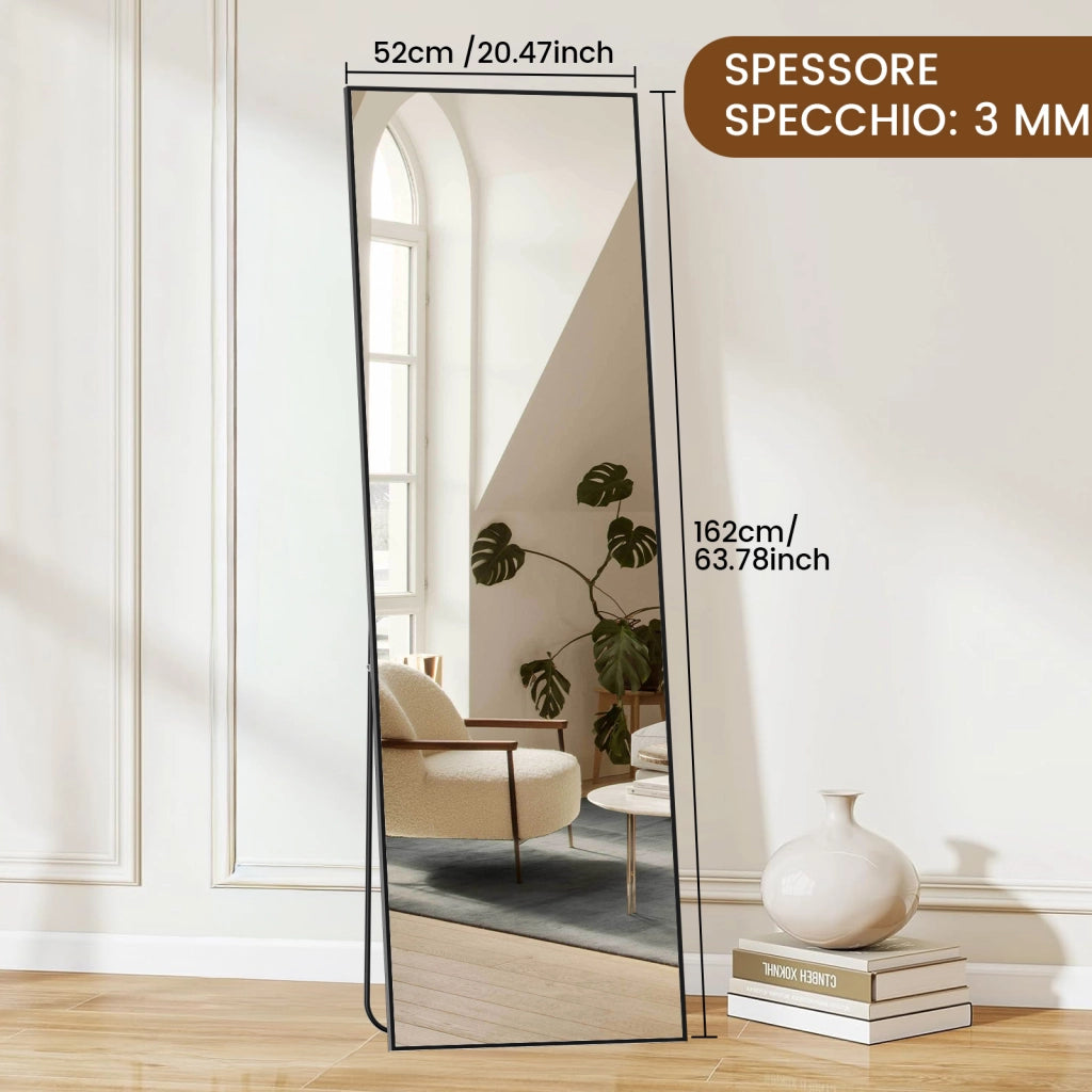Specchio a figura intera, 162 x 52 cm, specchio autoportante con supporto, specchio quadrato a figura intera, nero, autoportante o inclinabile.