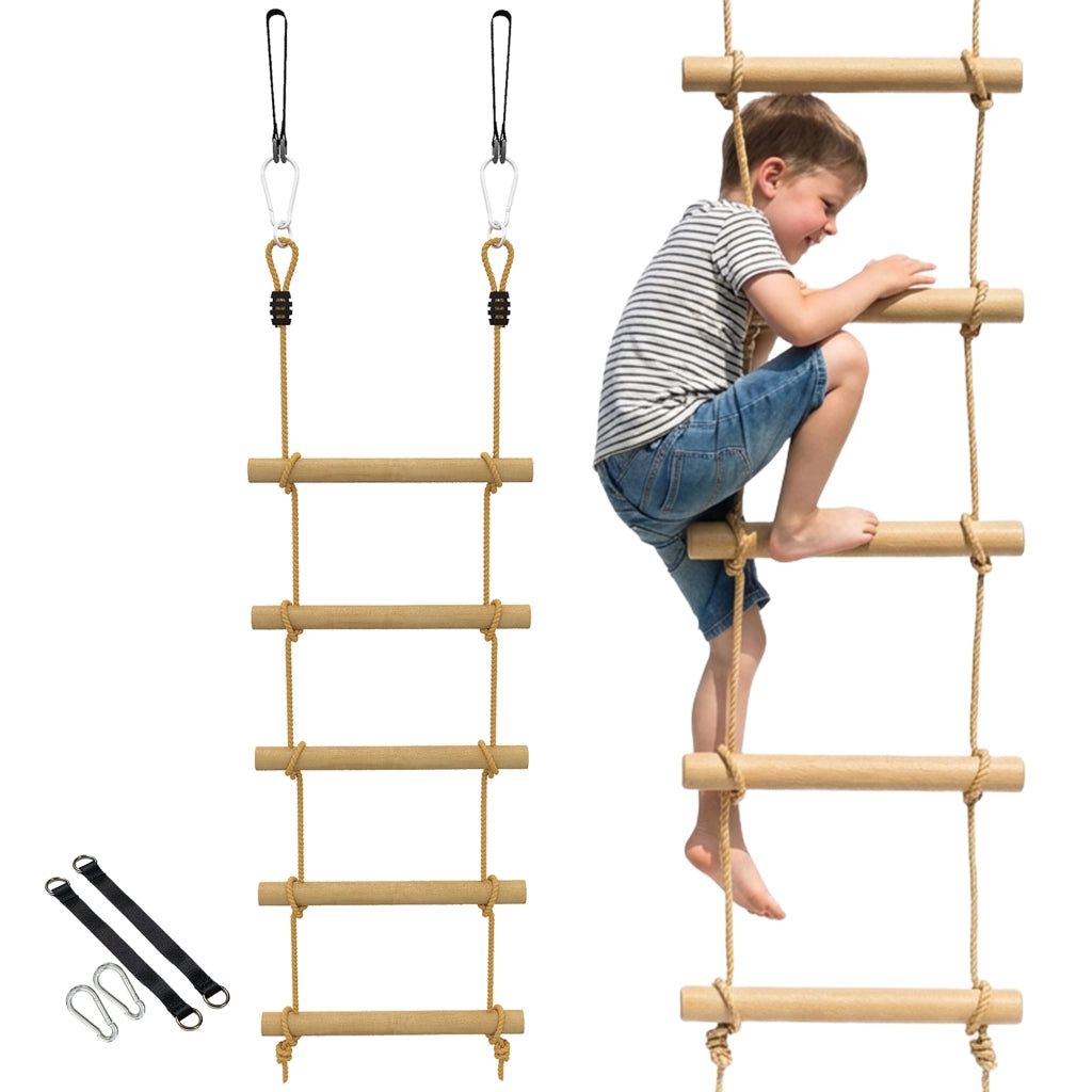Scaletta per Bambini 3-8 Anni a 5 Pioli con Fibbie e Cinghie, in Legno e PE, color Legno