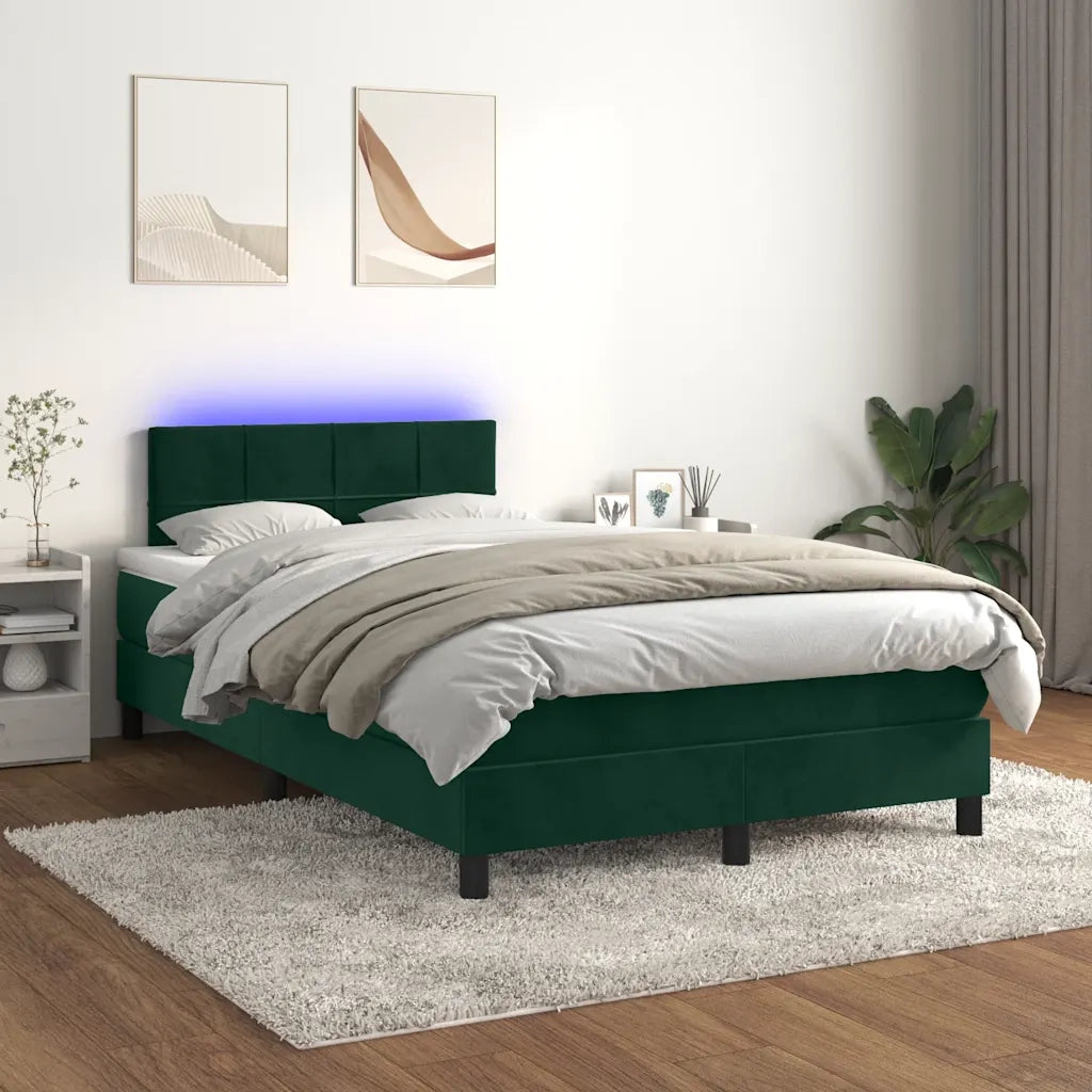 Letto a Molle con Materasso e LED Verde Scuro 120x200cm Velluto