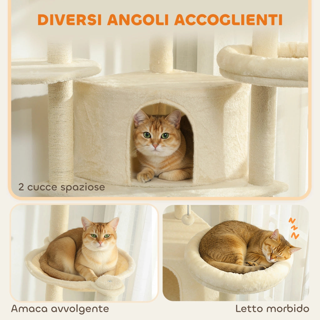 Tiragraffi per gatti multilivello 200cm ¨C Xylo ¨C con 2 casette, 2 lettini e amaca, beige
