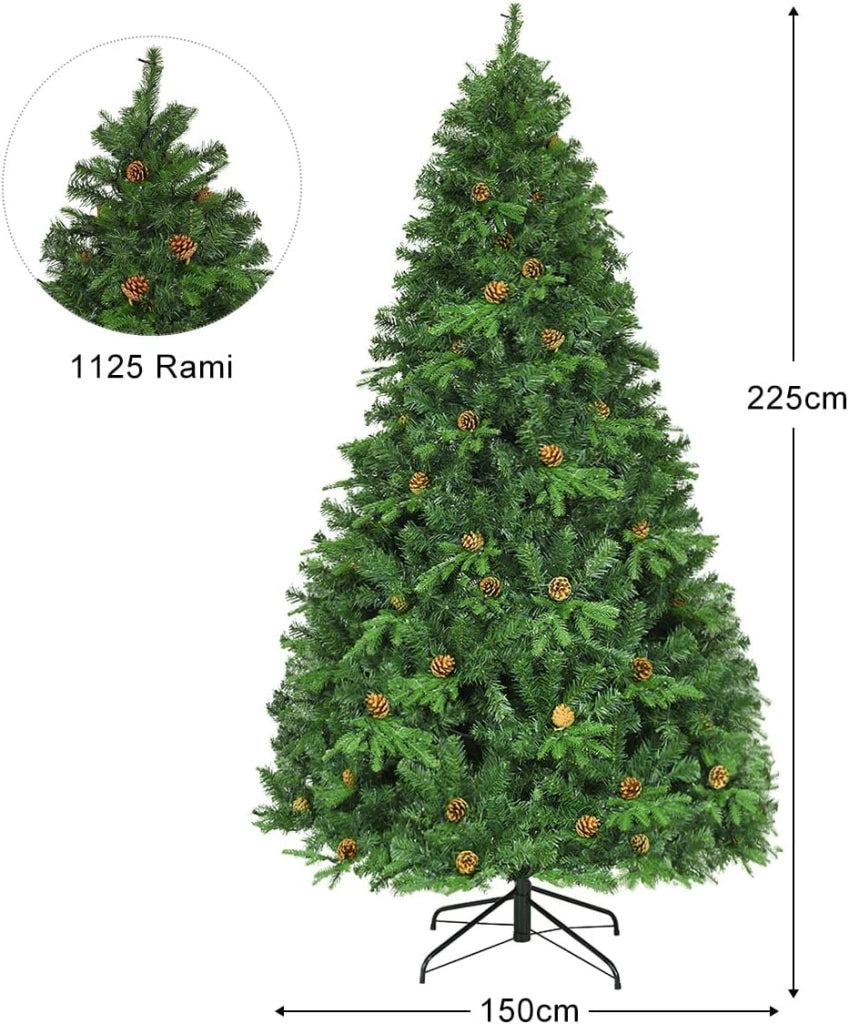 Albero di Natale 225 cm, Albero di Natale con 540 Luci a LED Bianco Caldo, 1125 Rami in PVC e PE e Pigne, Albero di Natale Alto e Folto per Casa e Negozio (225cm)