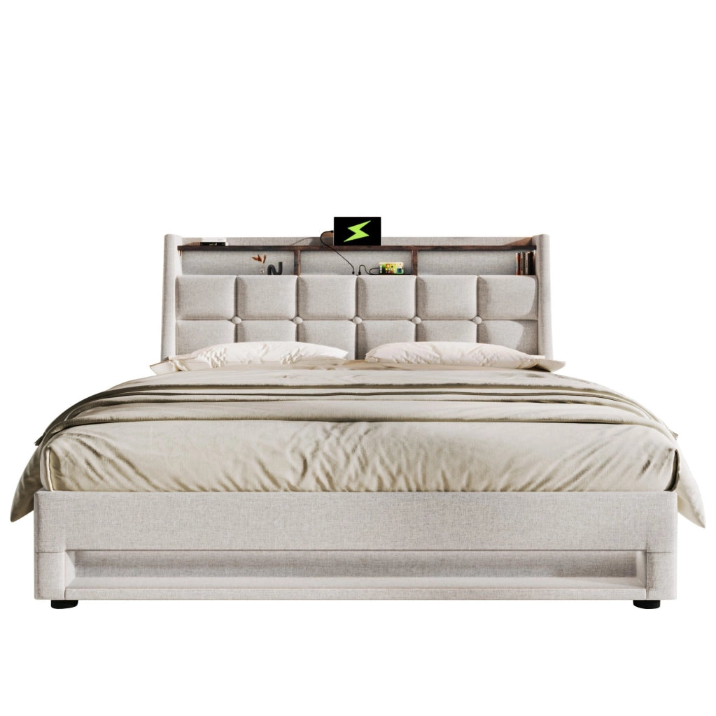 Letto imbottito con LED e USB 160x200 cm, contenitore salvaspazio