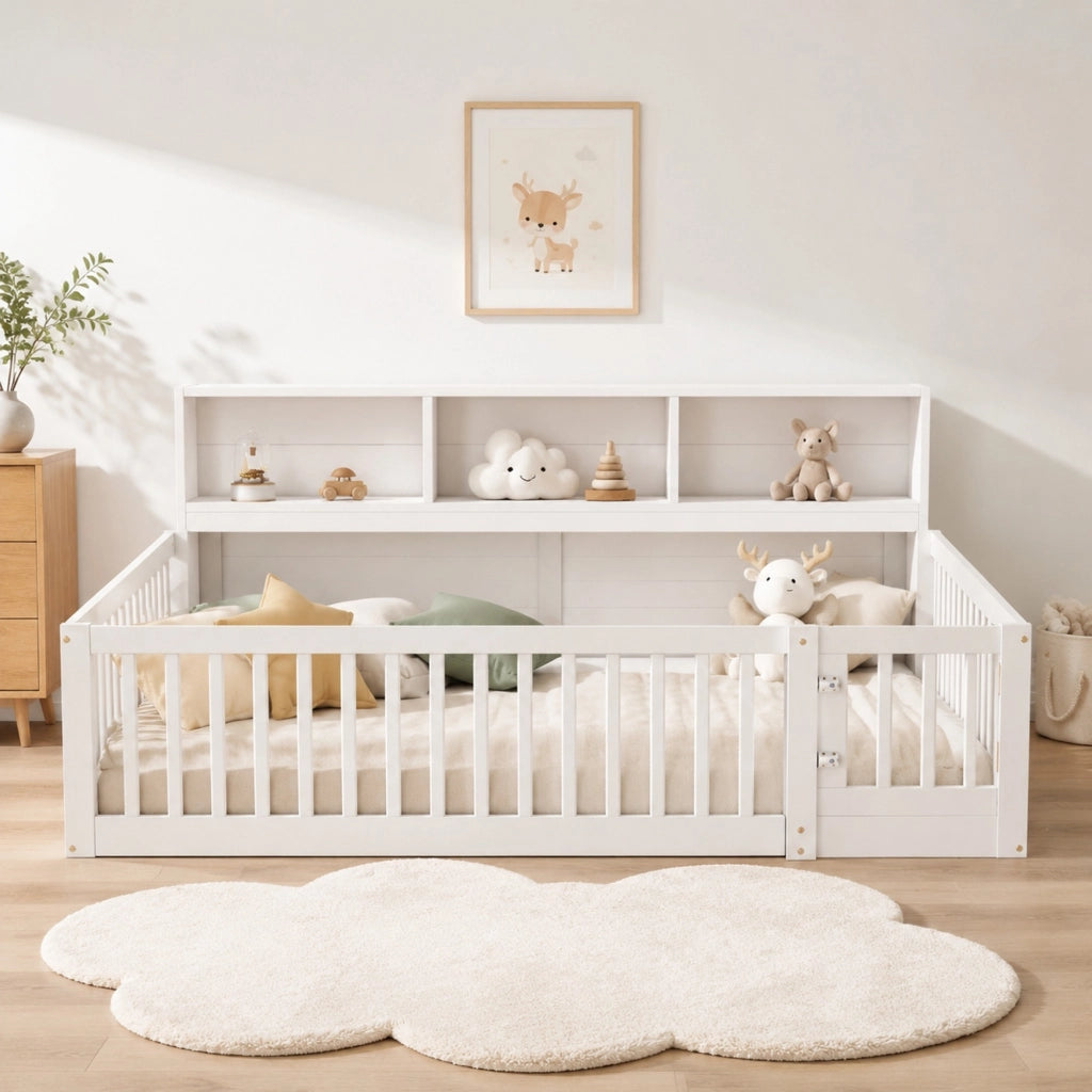 Daybed 140x200 cm con sponda di sicurezza, ripiani laterali e rete a doghe, bianco