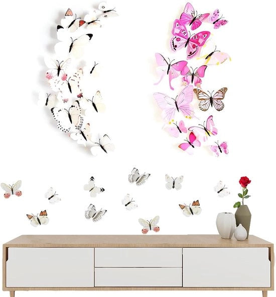 Decorative magneti farfalle da parete in stile 3D, set da 24 pezzi in rosa e bianco