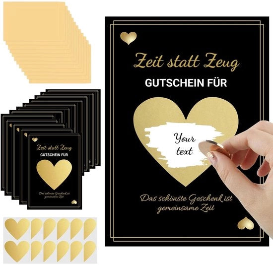 Set di buoni regalo da 12 - Carte regalo - Tempo al posto di cose - Disegno nero-oro - Idea di regalo per tempo condiviso - Stile elegante - Buoni regalo