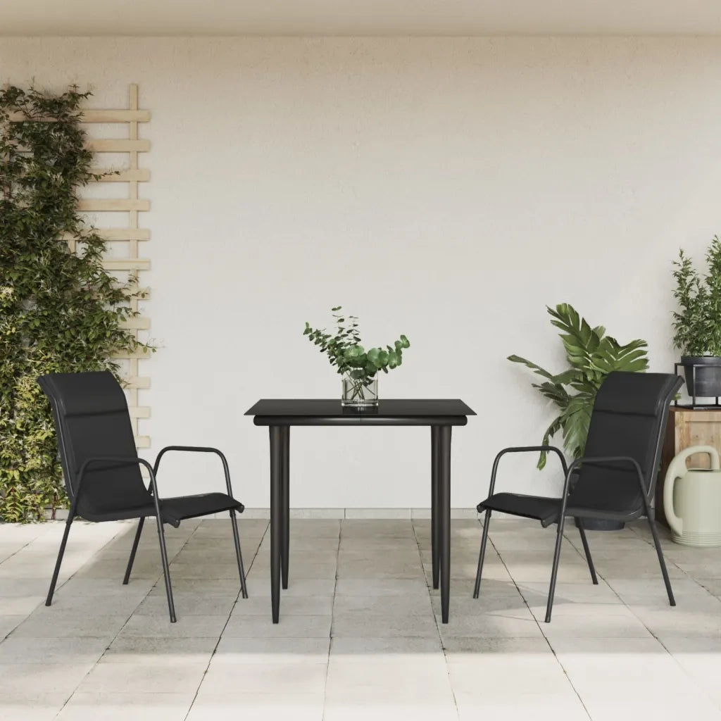 Set da Pranzo da Giardino 3 pz | Set Salotto da Giardino Nero in Acciaio e Textilene