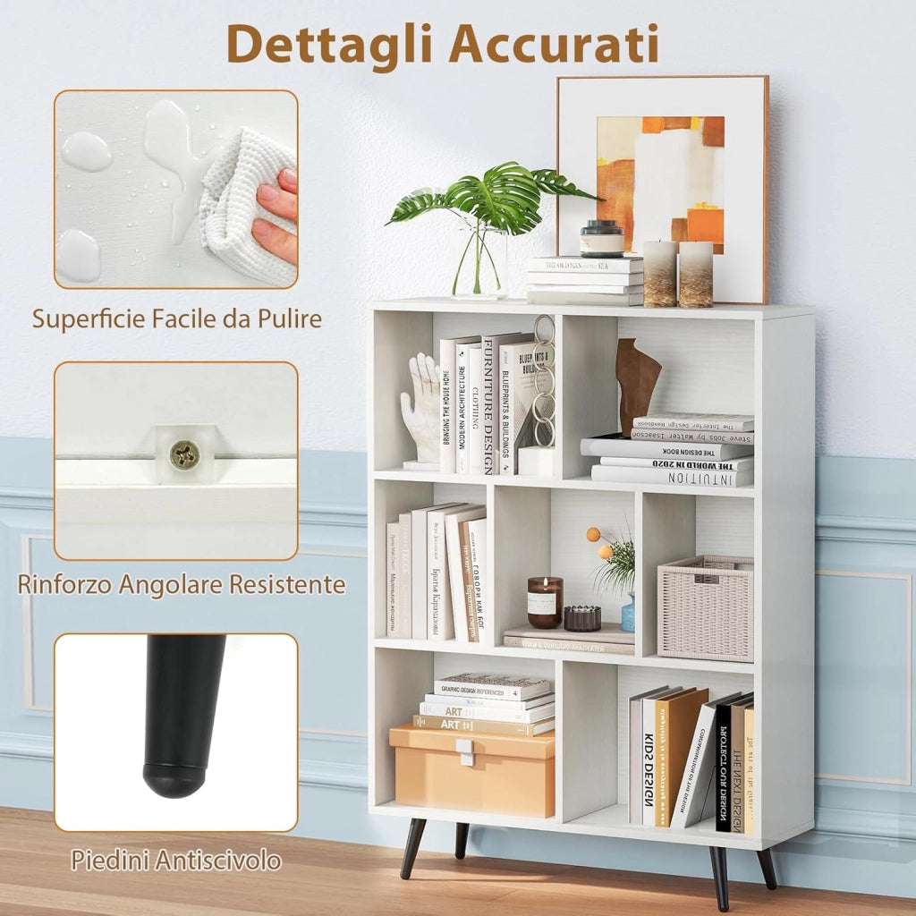 Libreria a 7 Cubi, Organizzatore di Stoccaggio Moderno con 4 Gambe di Metallo, Scaffale per Esposizione con 2 Kit Anti-Ribaltamento per Soggiorno Studio Camera da Letto, Bianco (80x24x107cm)