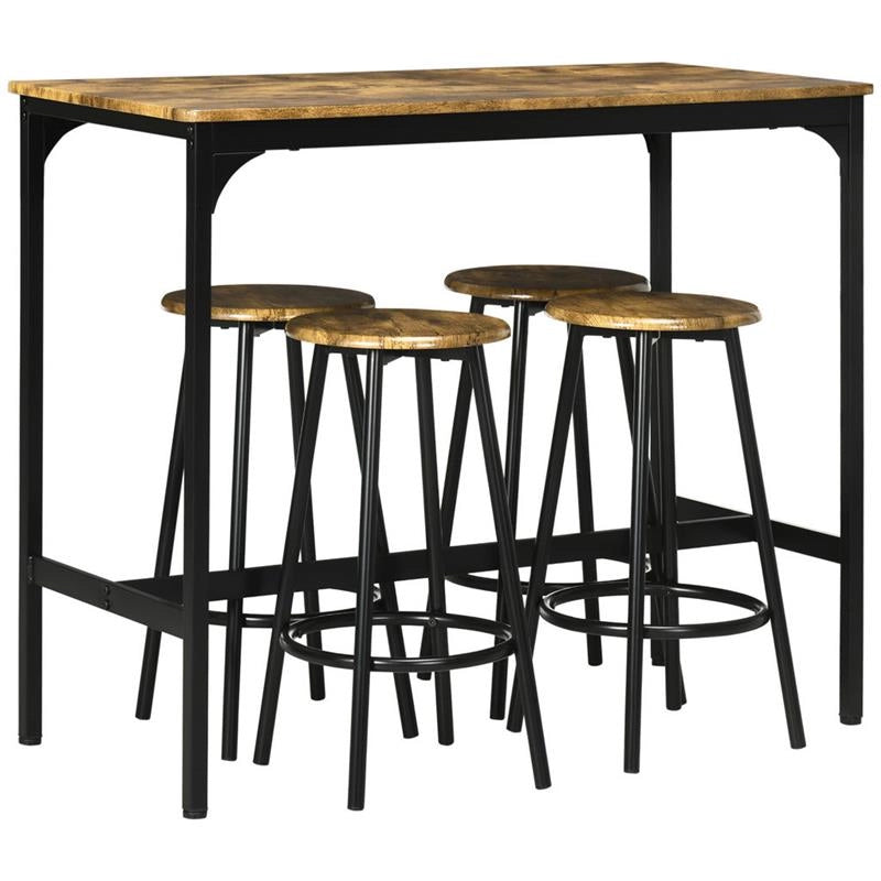 SET DA BAR 5 PEZZI CON TAVOLO ALTO E 4 SGABELLI STILE INDUSTRIALE, MARRONE E NERO