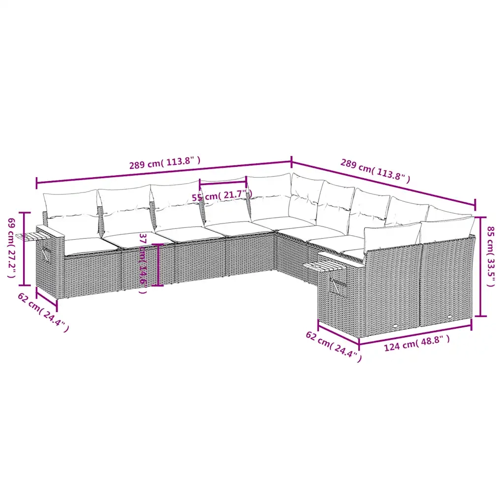 Set Divani da Giardino 10 pz con Cuscini Grigio in Polyrattan 3227195