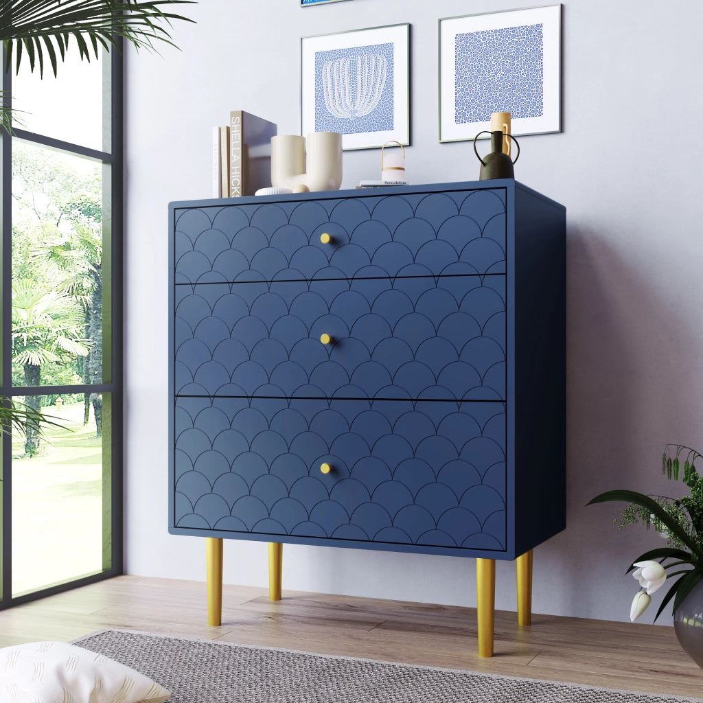 COMODA a 3 cassetti 75x40x89 cm Blu navy con gambe color champagne